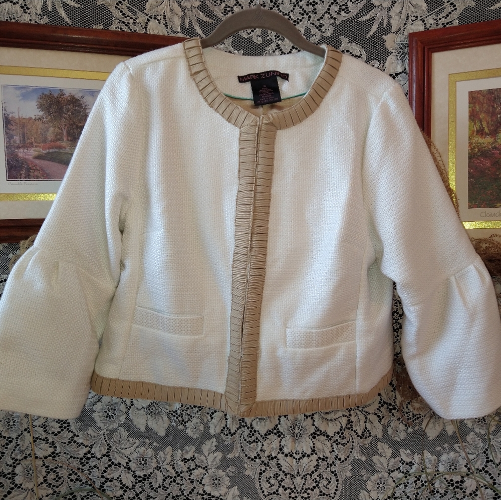 Mark Zunino white beige crop jacket pleated ribbon edges knit tweed bell sleeves - Picture 1 of 7